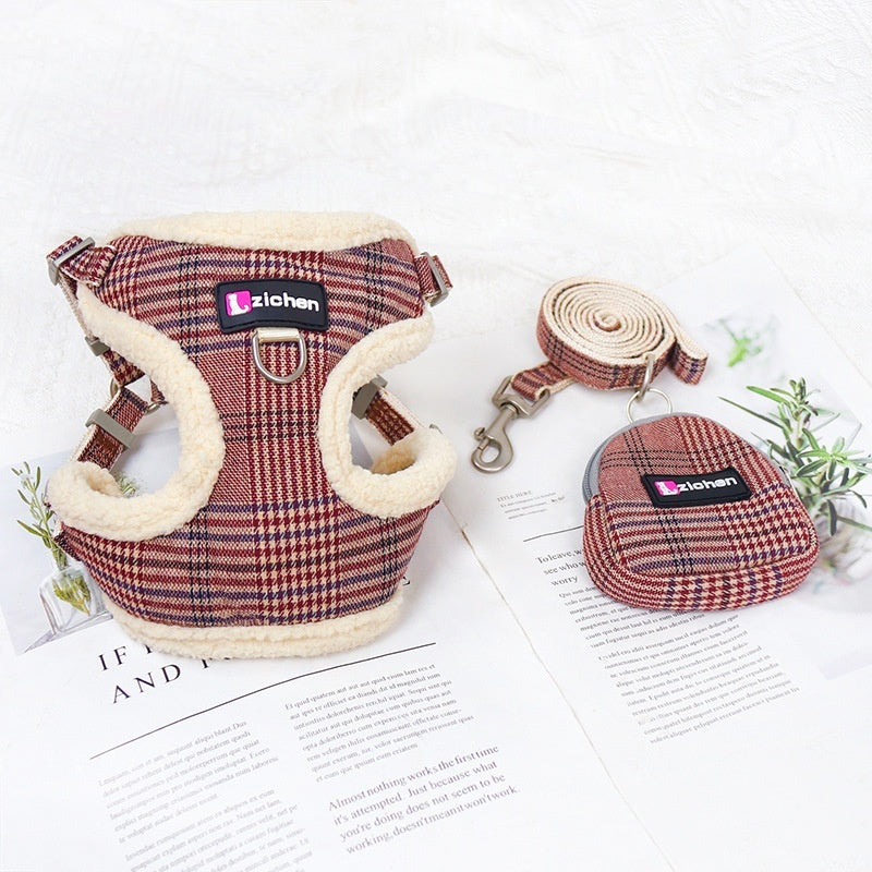 KFX-2440637 Plaid Dog Leash Vest with Fleece Lining and Snack Bag, Multiple Colors Available