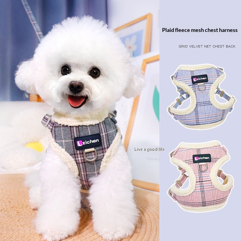 KFX-2440637 Plaid Dog Leash Vest with Fleece Lining and Snack Bag, Multiple Colors Available