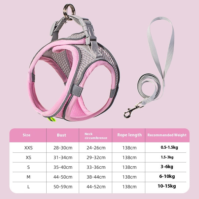 KFX-2446397 Reflective Breathable Pet Dog Vest Harness in Yellow, Pink, Green - Adjustable Leash Included