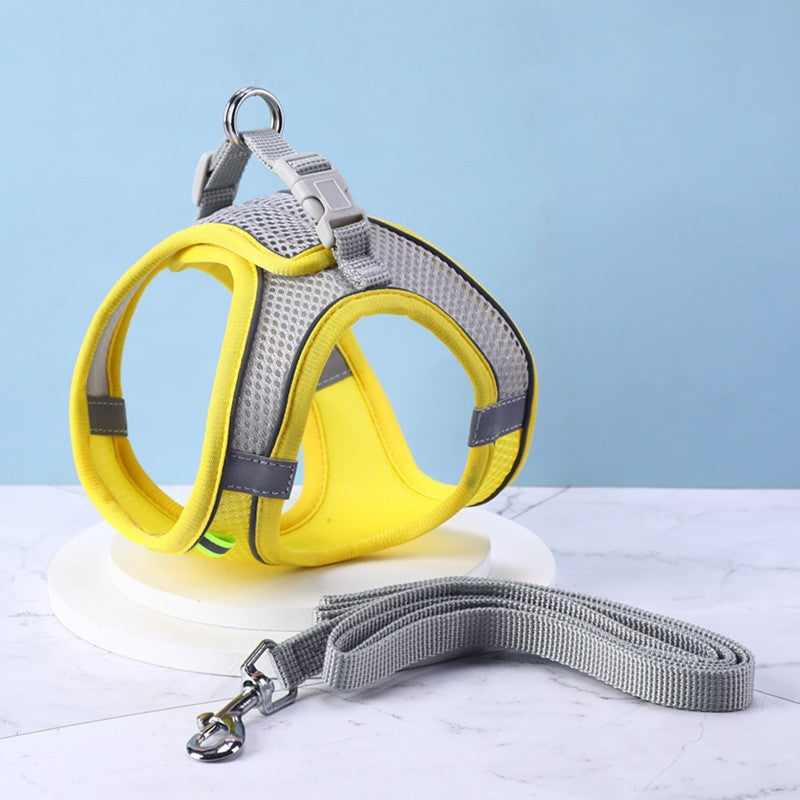 KFX-2446397 Reflective Breathable Pet Dog Vest Harness in Yellow, Pink, Green - Adjustable Leash Included