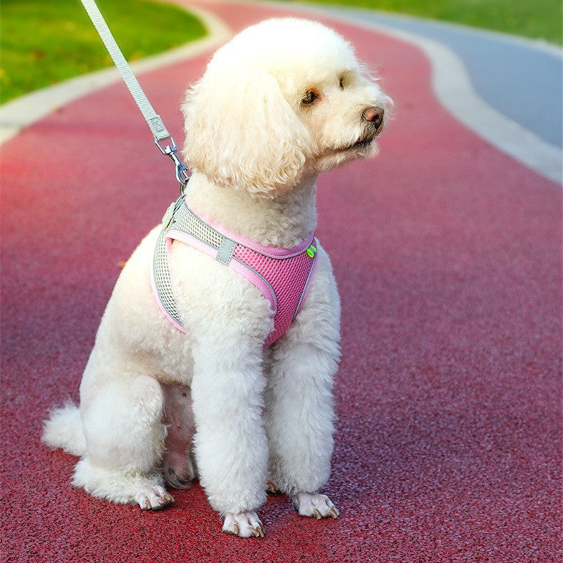KFX-2446397 Reflective Breathable Pet Dog Vest Harness in Yellow, Pink, Green - Adjustable Leash Included