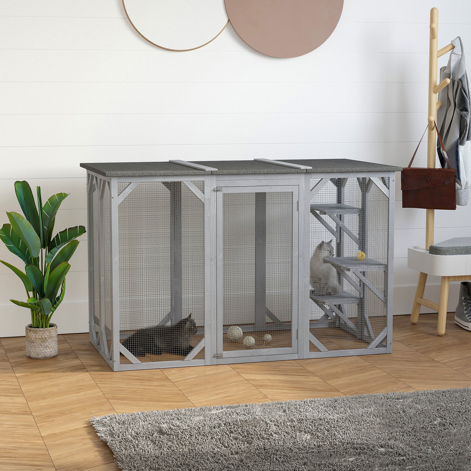 KFX-2447165 Large Wooden Outdoor Cat Enclosure with Three Platforms and Weather-Resistant Roof, Gray