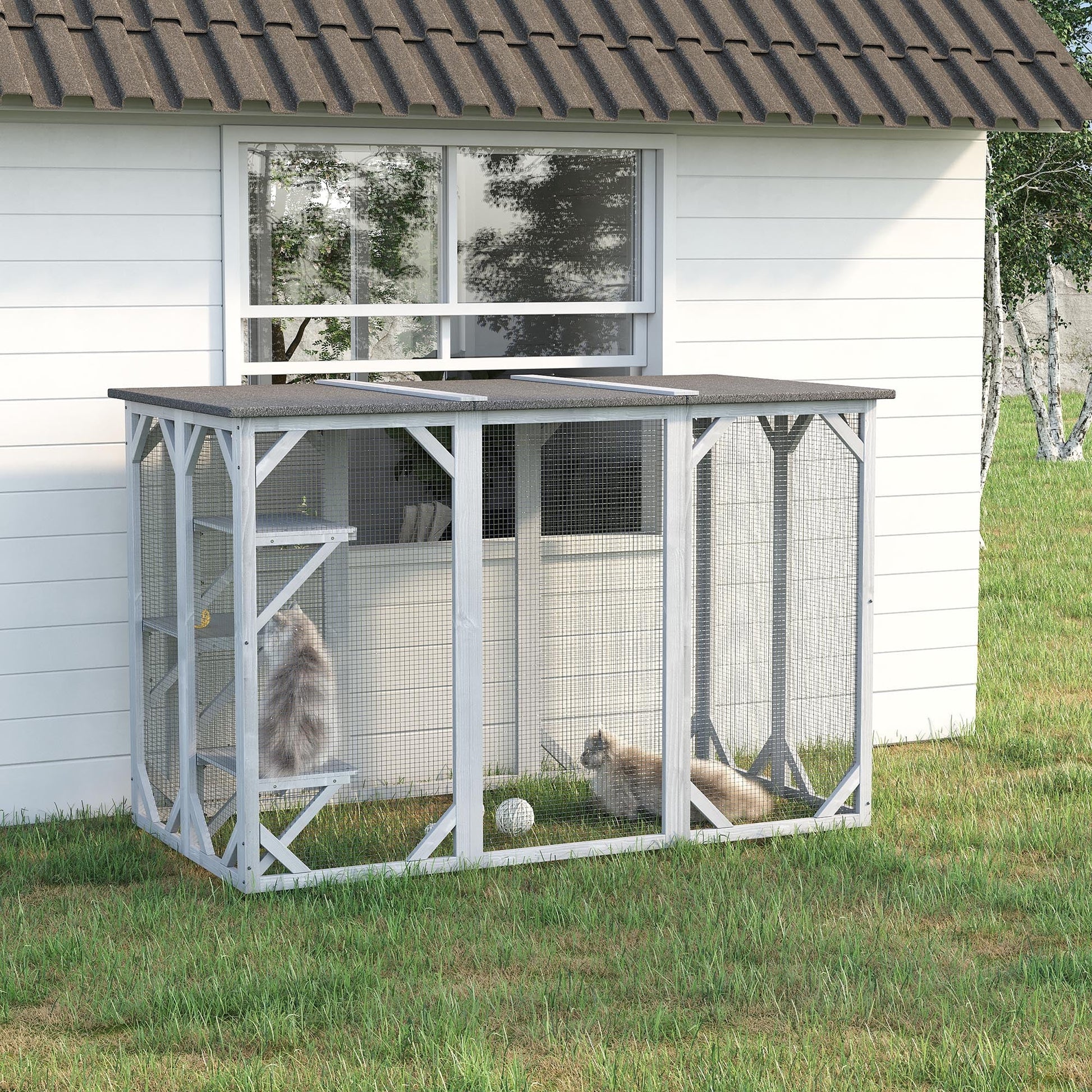 KFX-2447165 Large Wooden Outdoor Cat Enclosure with Three Platforms and Weather-Resistant Roof, Gray