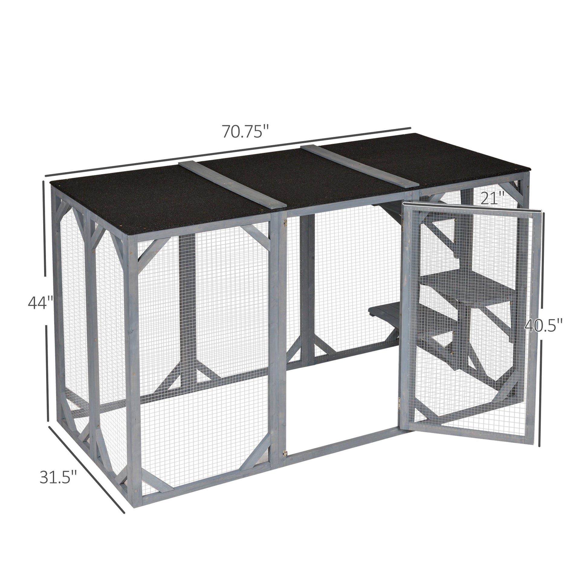 KFX-2447165 Large Wooden Outdoor Cat Enclosure with Three Platforms and Weather-Resistant Roof, Gray