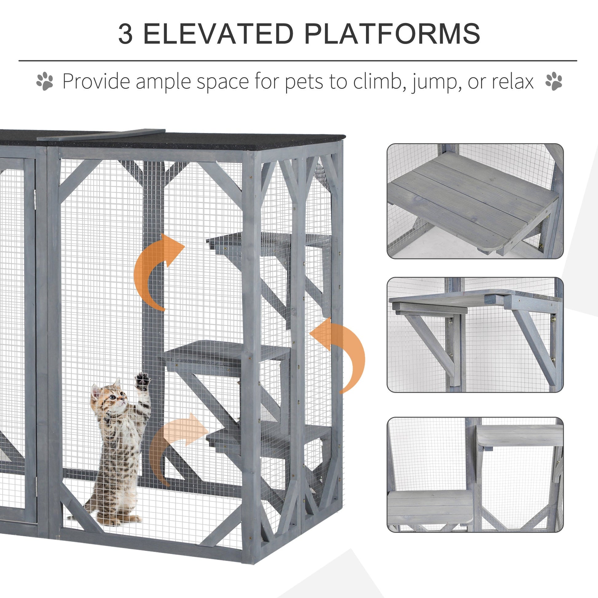 KFX-2447165 Large Wooden Outdoor Cat Enclosure with Three Platforms and Weather-Resistant Roof, Gray