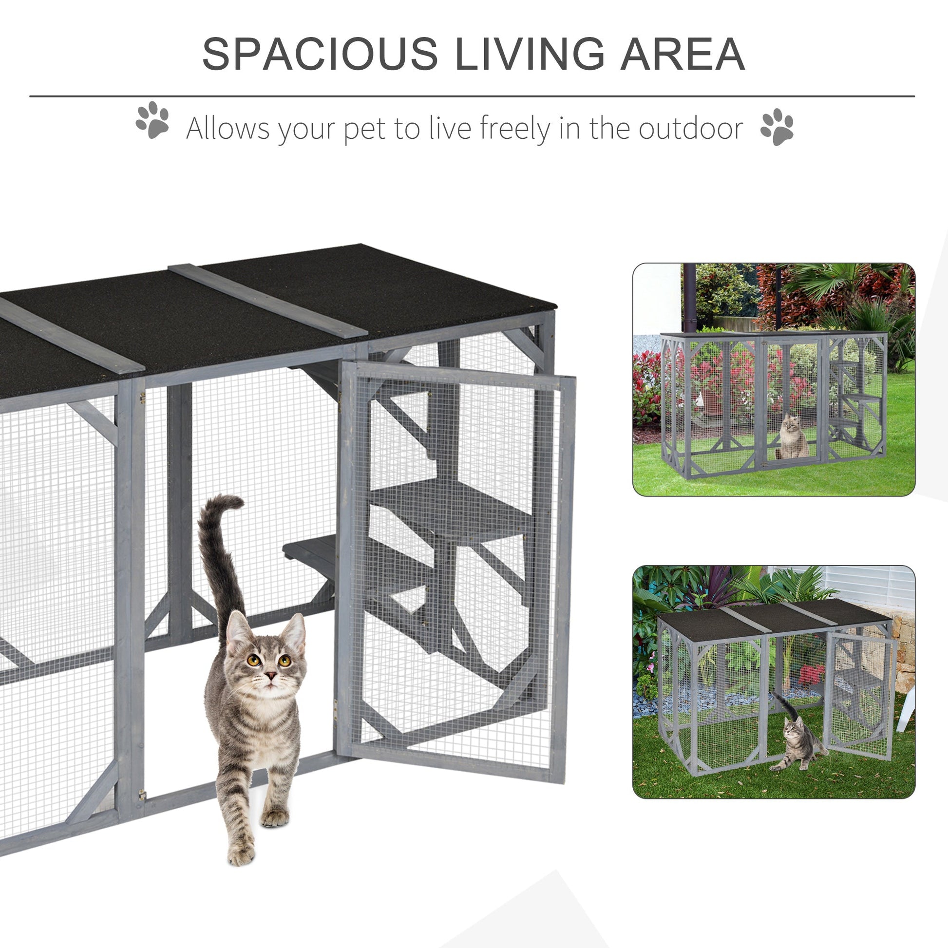 KFX-2447165 Large Wooden Outdoor Cat Enclosure with Three Platforms and Weather-Resistant Roof, Gray