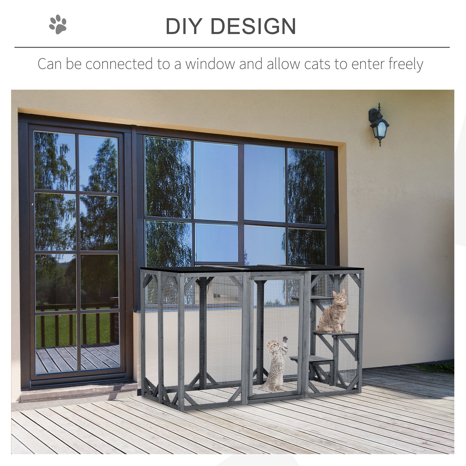 KFX-2447165 Large Wooden Outdoor Cat Enclosure with Three Platforms and Weather-Resistant Roof, Gray