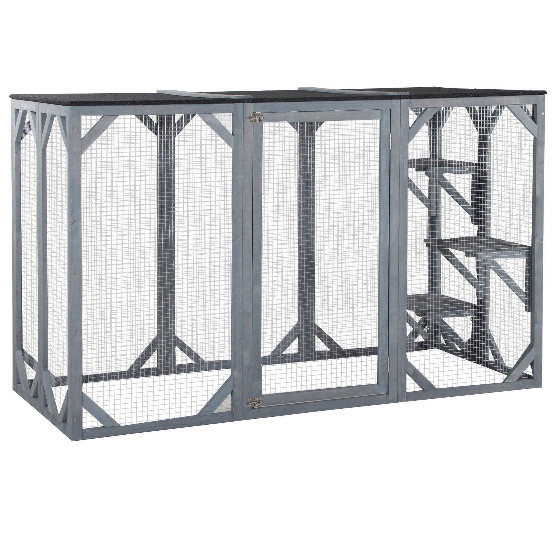 KFX-2447165 Large Wooden Outdoor Cat Enclosure with Three Platforms and Weather-Resistant Roof, Gray