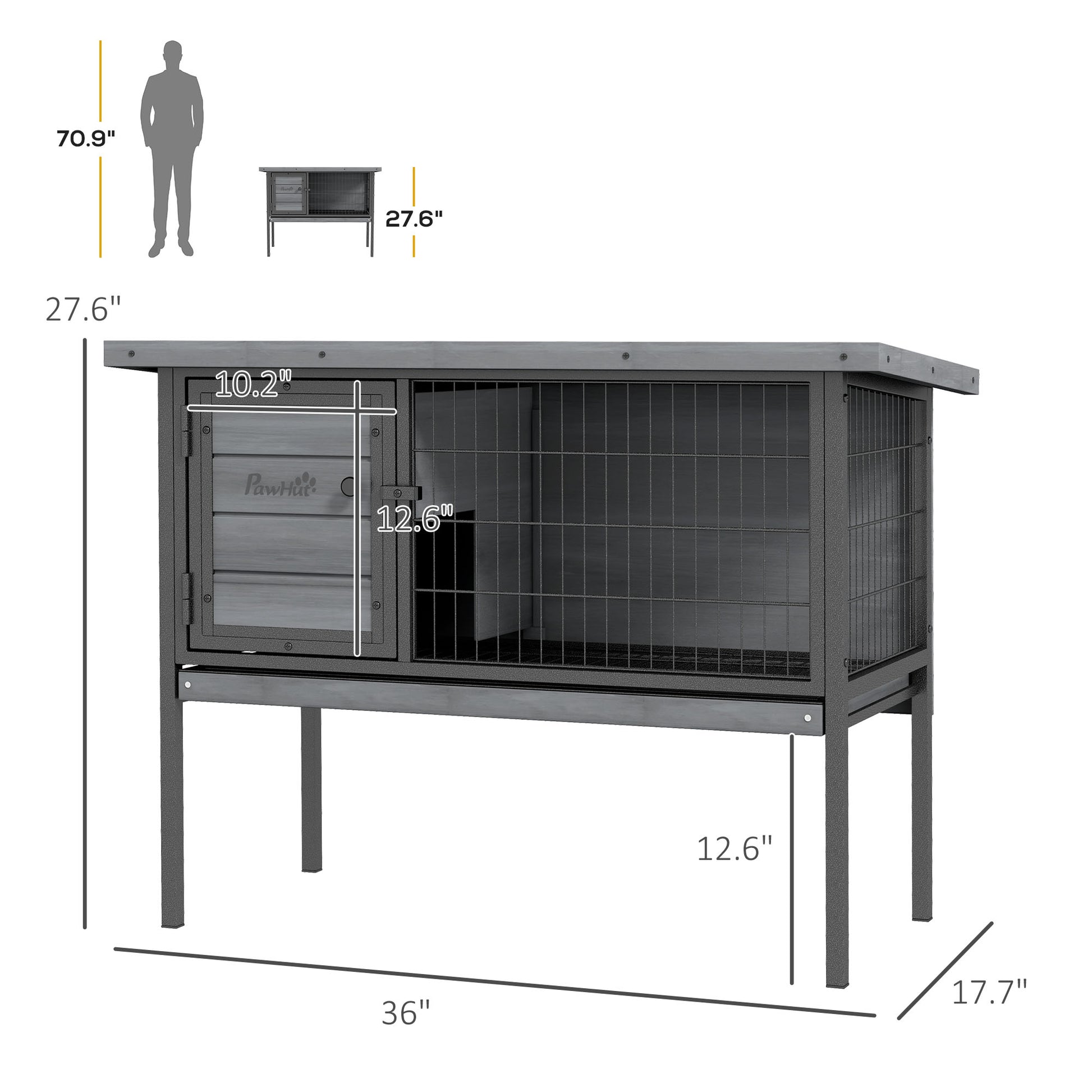 KFX-2450749 Elevated Wooden Rabbit Hutch with Openable Roof and Leak-Proof Tray for Indoor/Outdoor Use, Gray