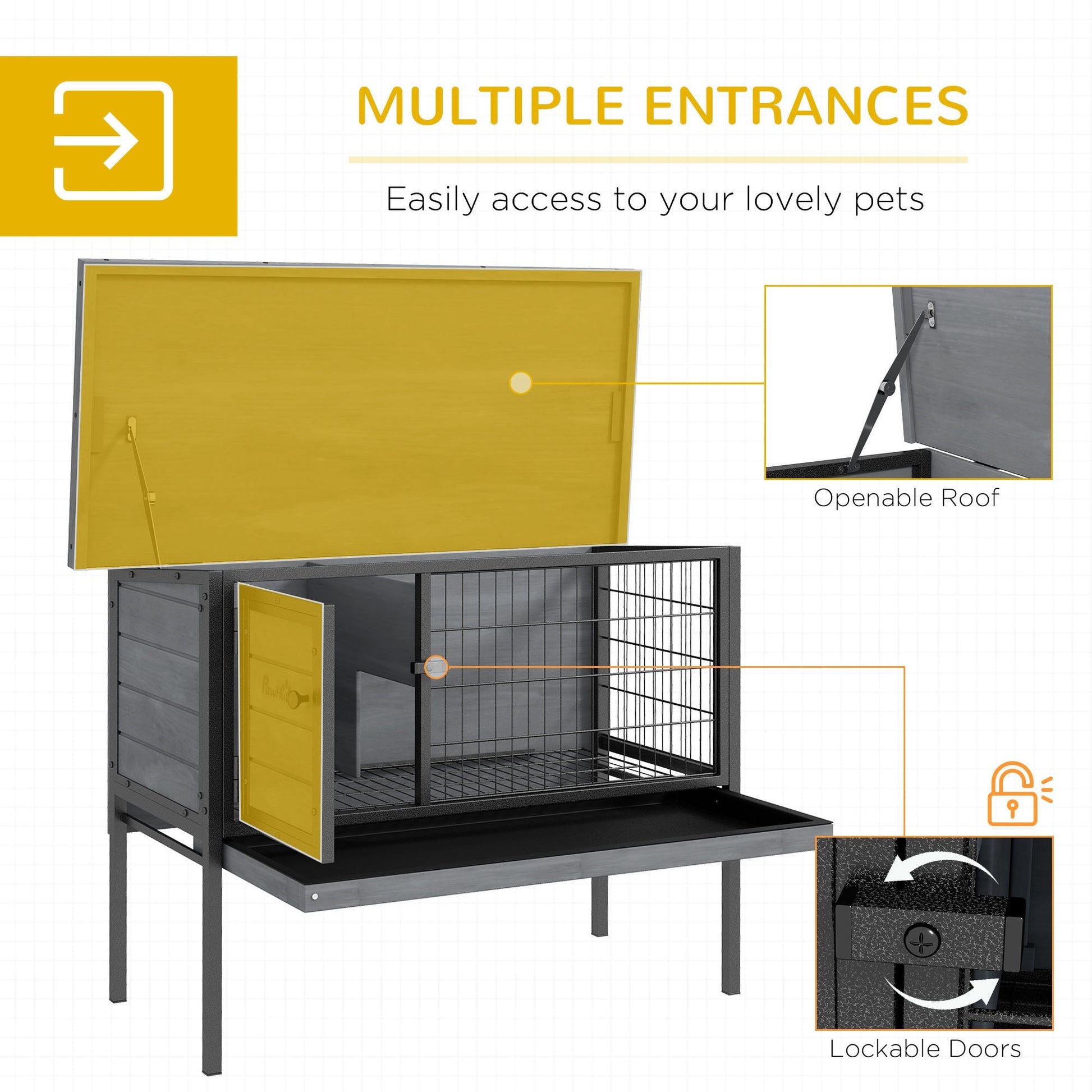 KFX-2450749 Elevated Wooden Rabbit Hutch with Openable Roof and Leak-Proof Tray for Indoor/Outdoor Use, Gray