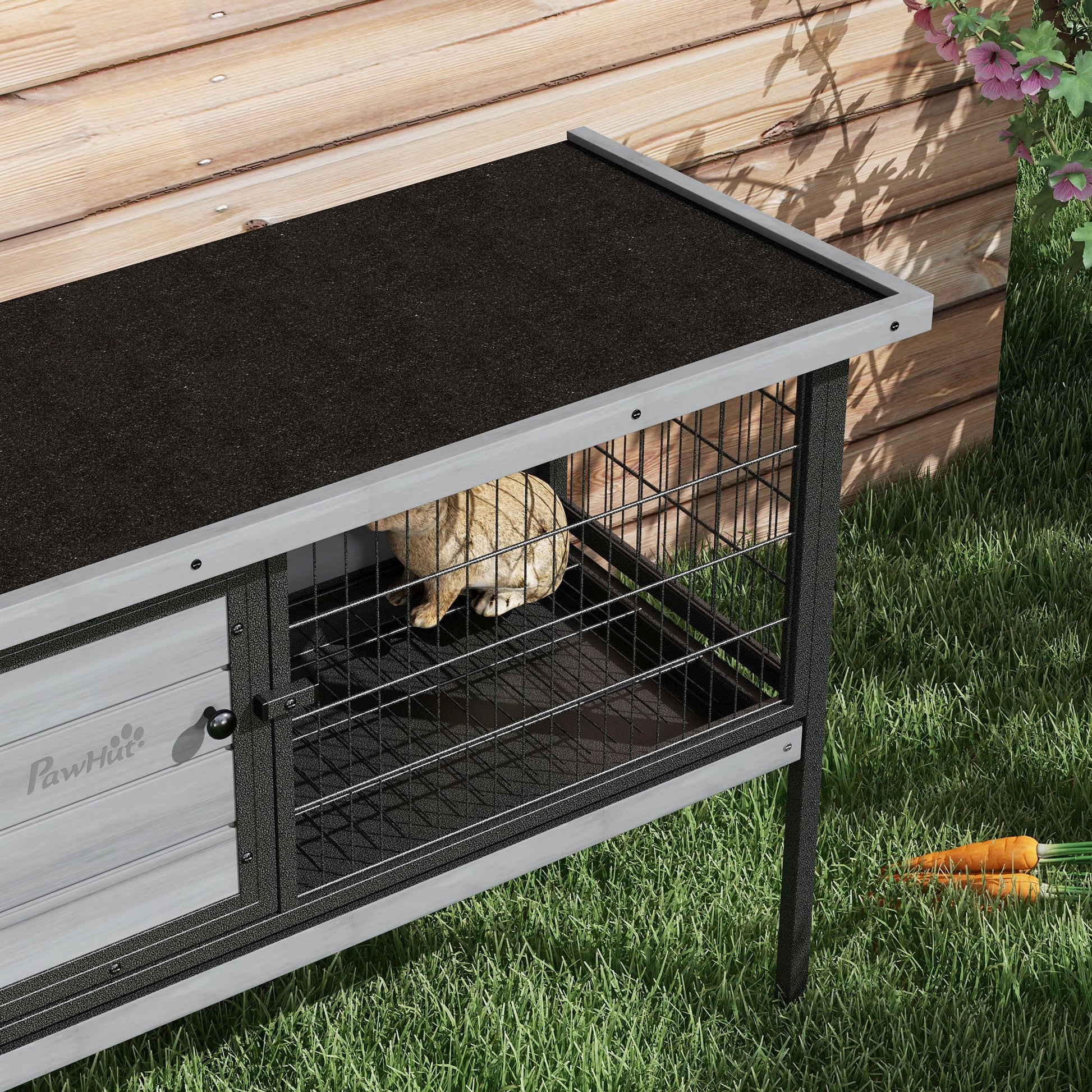 KFX-2450749 Elevated Wooden Rabbit Hutch with Openable Roof and Leak-Proof Tray for Indoor/Outdoor Use, Gray