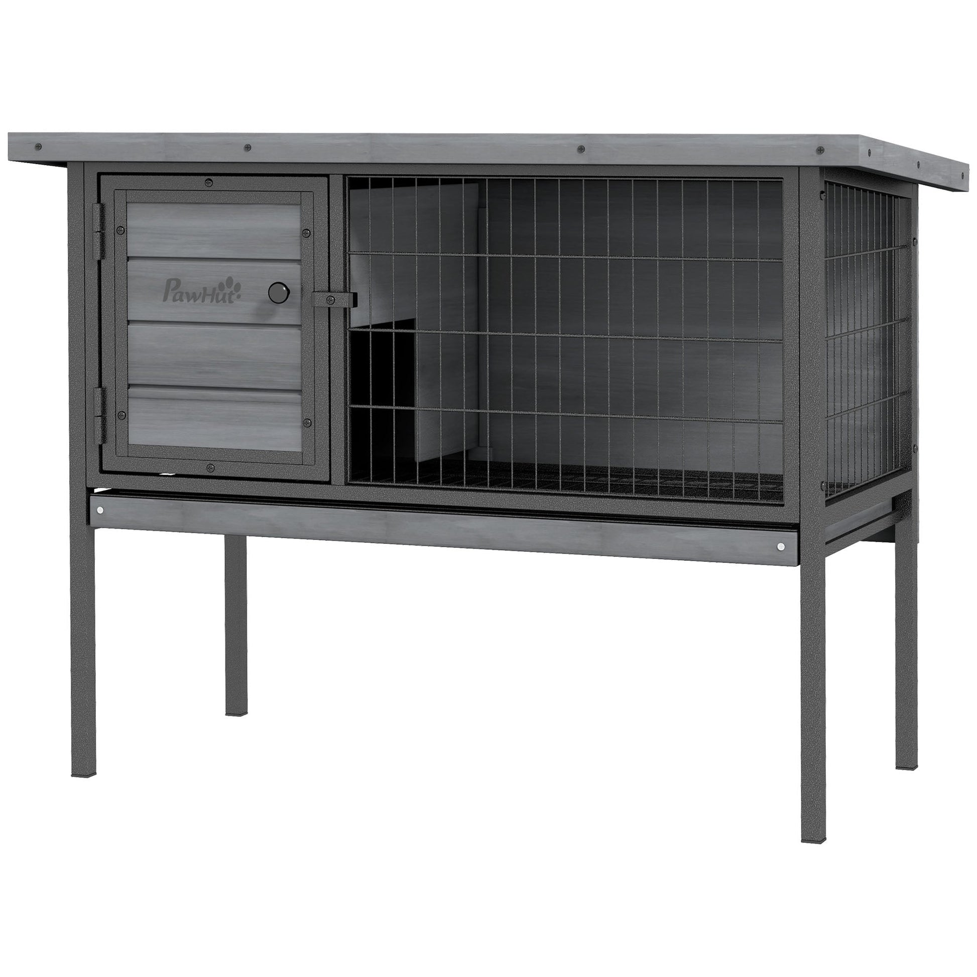 KFX-2450749 Elevated Wooden Rabbit Hutch with Openable Roof and Leak-Proof Tray for Indoor/Outdoor Use, Gray