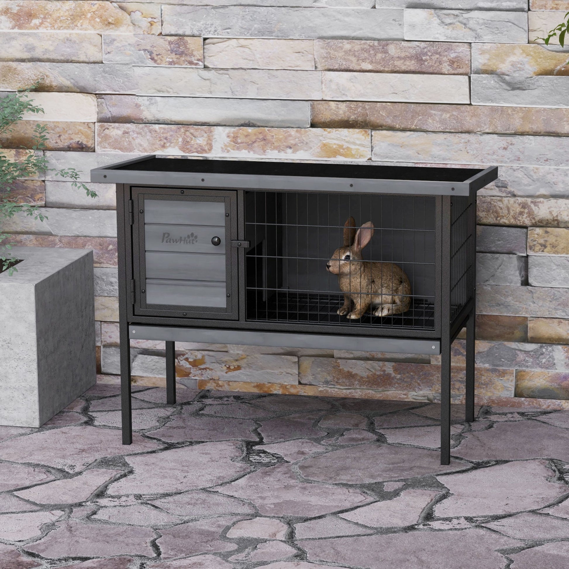 KFX-2450749 Elevated Wooden Rabbit Hutch with Openable Roof and Leak-Proof Tray for Indoor/Outdoor Use, Gray