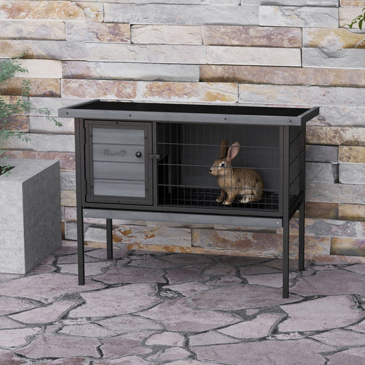 KFX-2450749 Elevated Wooden Rabbit Hutch with Openable Roof and Leak-Proof Tray for Indoor/Outdoor Use, Gray