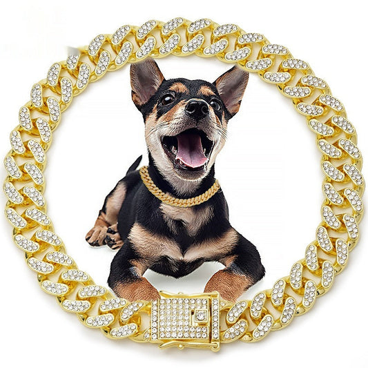 KFX-2454845 Cuban Style Metal Diamond Pet Collar - Monochrome Alloy Design in Multiple Colors and Sizes