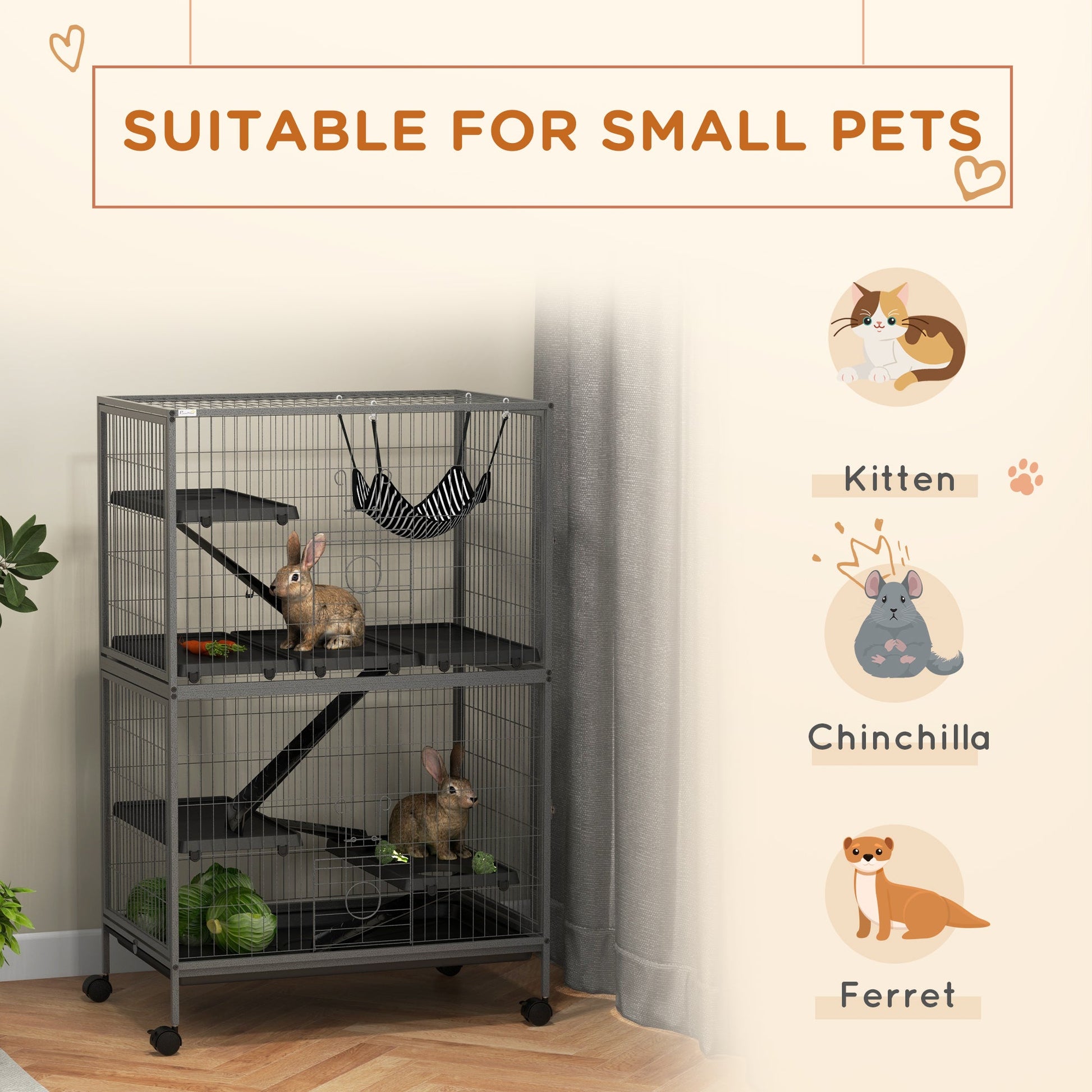 KFX-2456509 50" Rolling Small Animal Cage with Hammock, 4 Doors, Removable Tray for Ferrets and Chinchillas