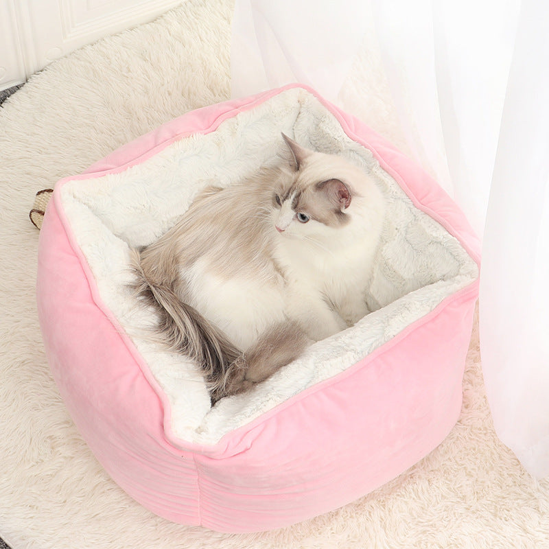 KFX-2456893 Cozy Printed Plush Cat Kennel - Square Pet Nest for Autumn and Winter, 47x47x26cm
