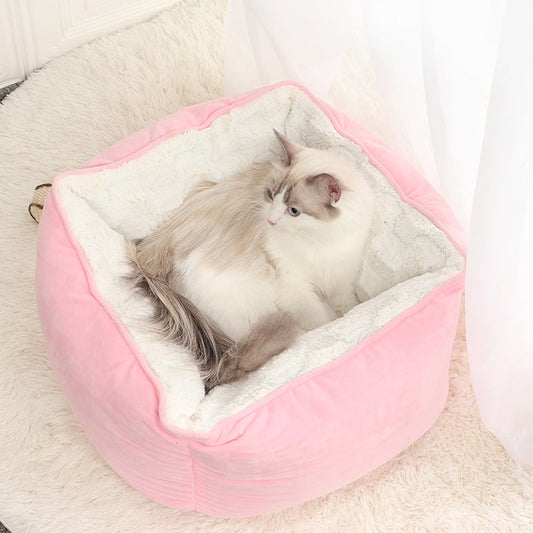 KFX-2456893 Cozy Printed Plush Cat Kennel - Square Pet Nest for Autumn and Winter, 47x47x26cm