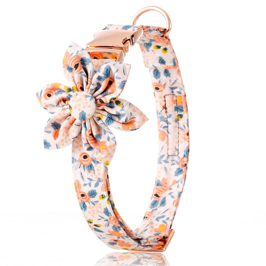 KFX-2460605 Flower Print Dog Collar with Rose Metal Buckle and Sunflower Design in Blue, Orange, and Gray-Green