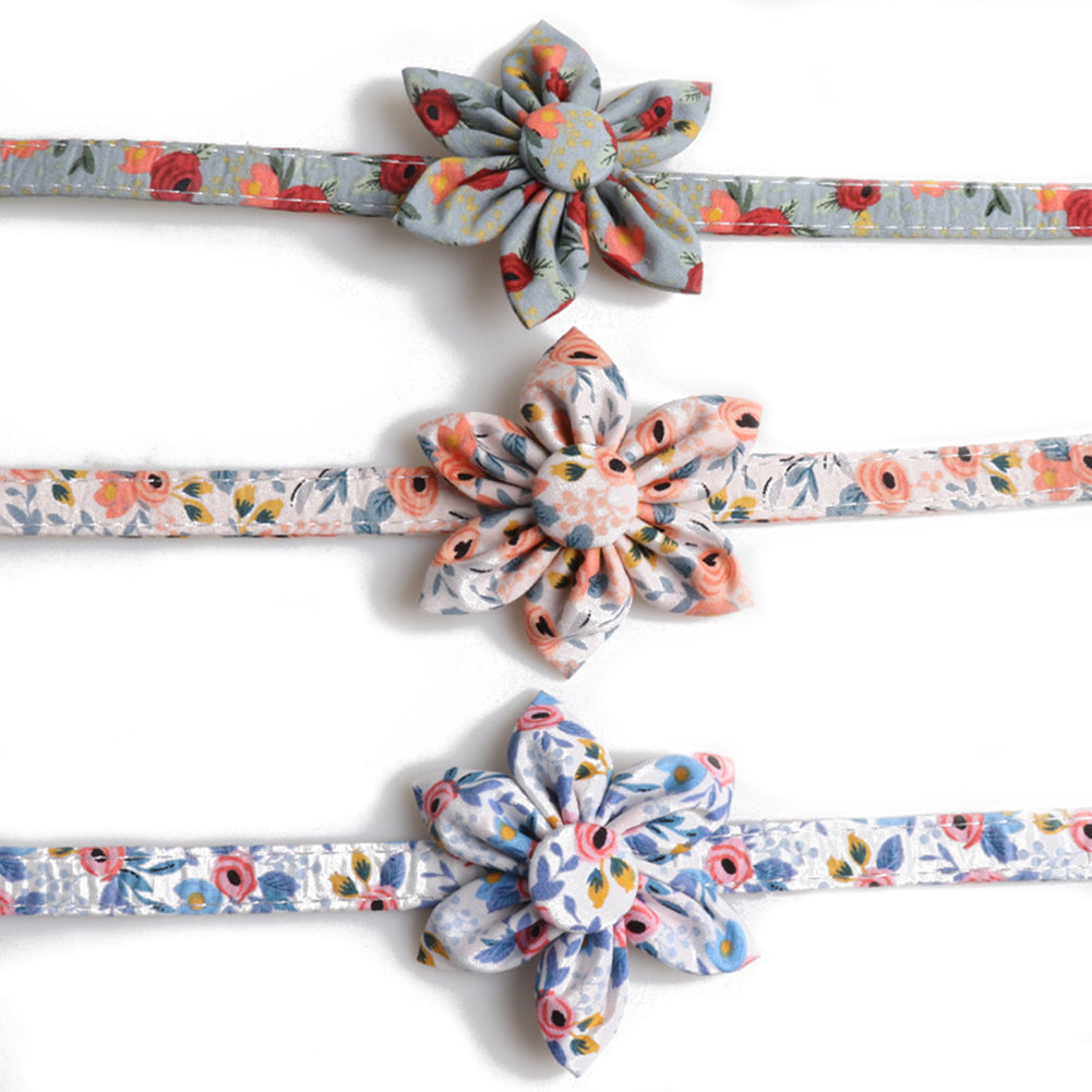 KFX-2460605 Flower Print Dog Collar with Rose Metal Buckle and Sunflower Design in Blue, Orange, and Gray-Green