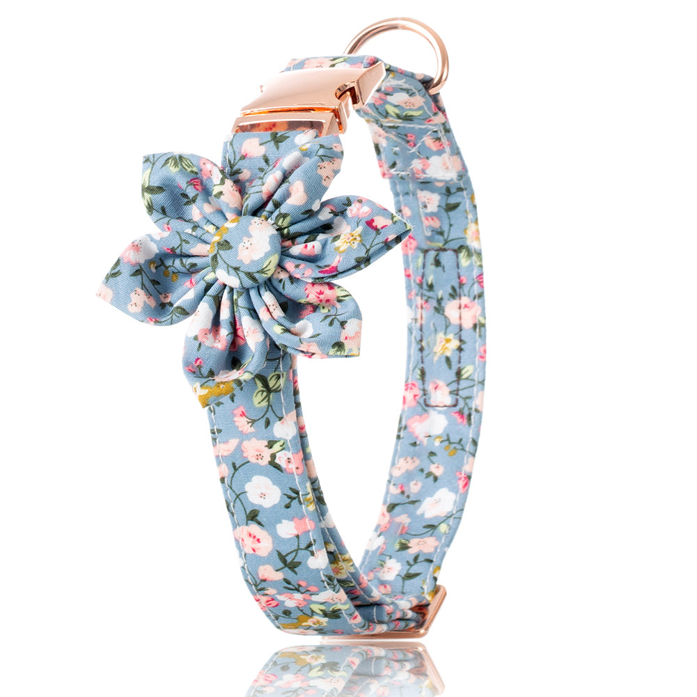KFX-2460605 Flower Print Dog Collar with Rose Metal Buckle and Sunflower Design in Blue, Orange, and Gray-Green
