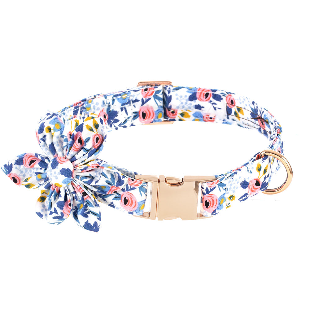 KFX-2460605 Flower Print Dog Collar with Rose Metal Buckle and Sunflower Design in Blue, Orange, and Gray-Green