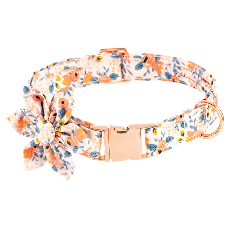 KFX-2460605 Flower Print Dog Collar with Rose Metal Buckle and Sunflower Design in Blue, Orange, and Gray-Green