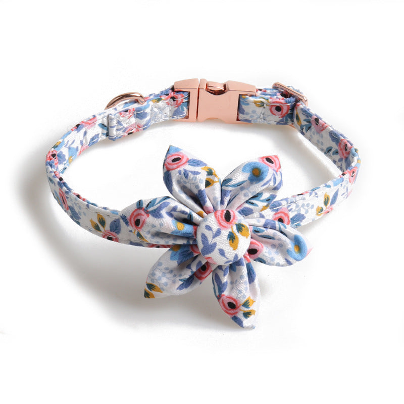 KFX-2460605 Flower Print Dog Collar with Rose Metal Buckle and Sunflower Design in Blue, Orange, and Gray-Green