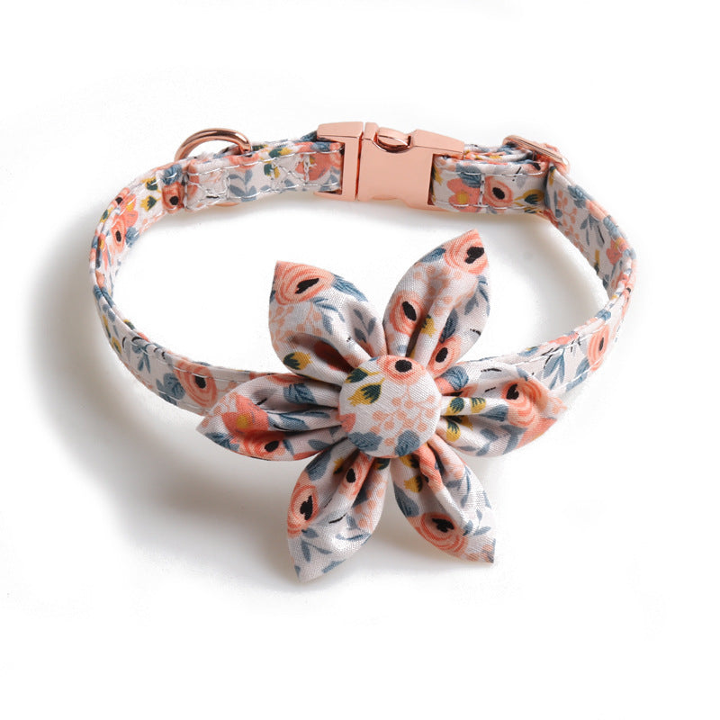 KFX-2460605 Flower Print Dog Collar with Rose Metal Buckle and Sunflower Design in Blue, Orange, and Gray-Green