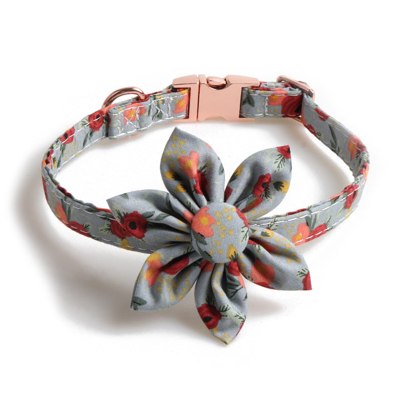 KFX-2460605 Flower Print Dog Collar with Rose Metal Buckle and Sunflower Design in Blue, Orange, and Gray-Green