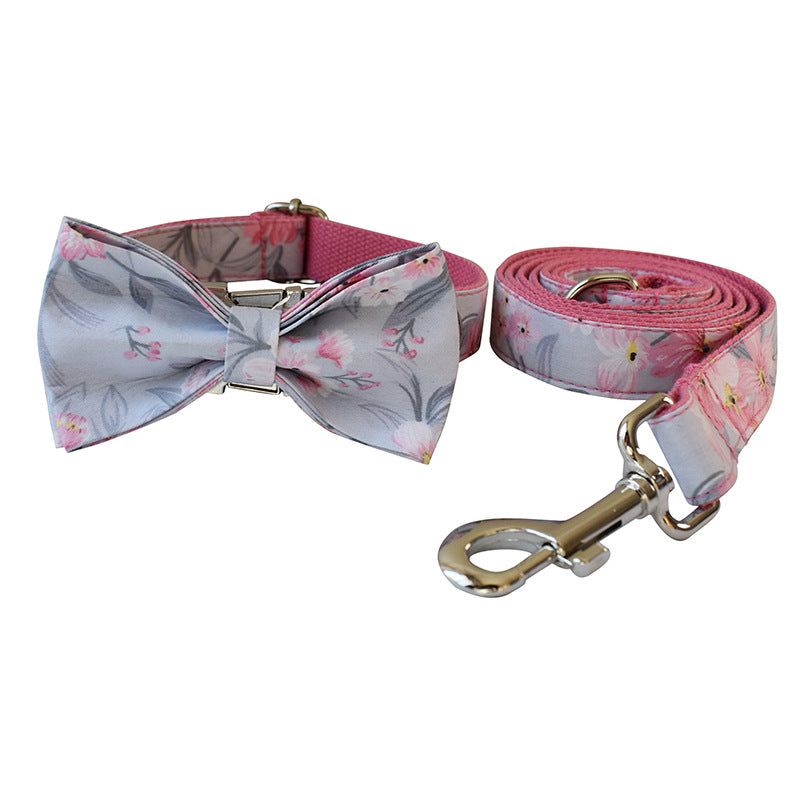 KFX-2462397 Stylish Ink Painting Print Dog Collar and Leash Set with Bow
