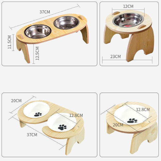 KFX-2464573 Cervical Spine Protection Wooden Frame Pet Bowl with Ceramic Insert, Single/Dual Options