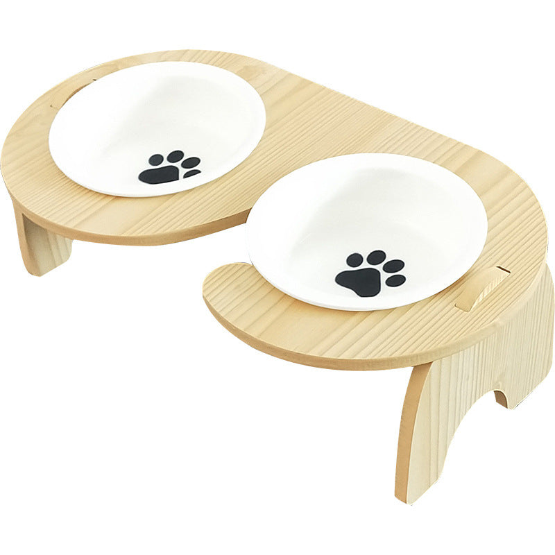 KFX-2464573 Cervical Spine Protection Wooden Frame Pet Bowl with Ceramic Insert, Single/Dual Options