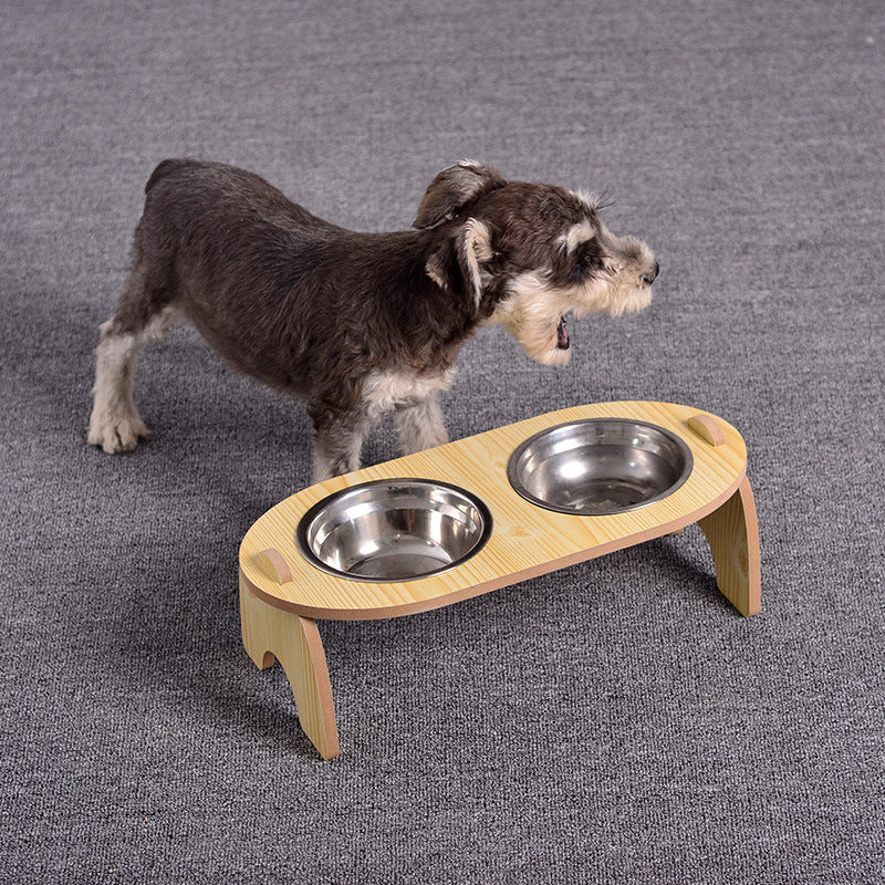 KFX-2464573 Cervical Spine Protection Wooden Frame Pet Bowl with Ceramic Insert, Single/Dual Options