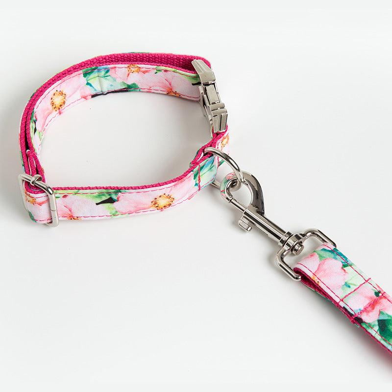 KFX-2468157 Flower Pattern Dog Collar and Leash Set with Comfortable Cotton Webbing