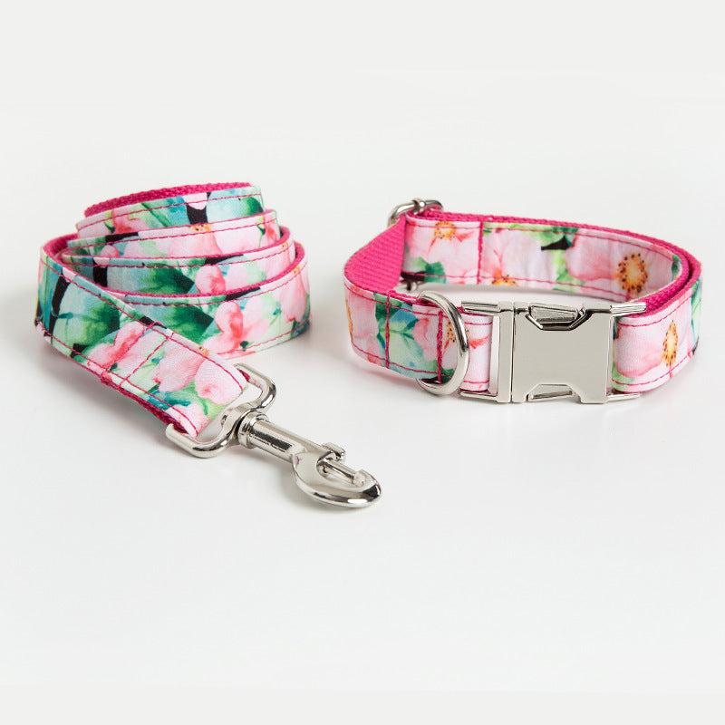 KFX-2468157 Flower Pattern Dog Collar and Leash Set with Comfortable Cotton Webbing