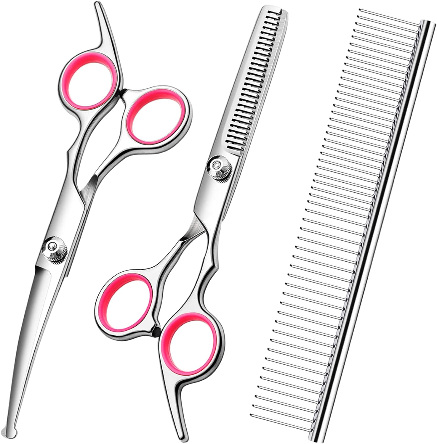 KFX-2471613 Professional Pet Grooming Scissors Set with Safety Round Tips - Stainless Steel Thinning and Curved Shears, Comb Included