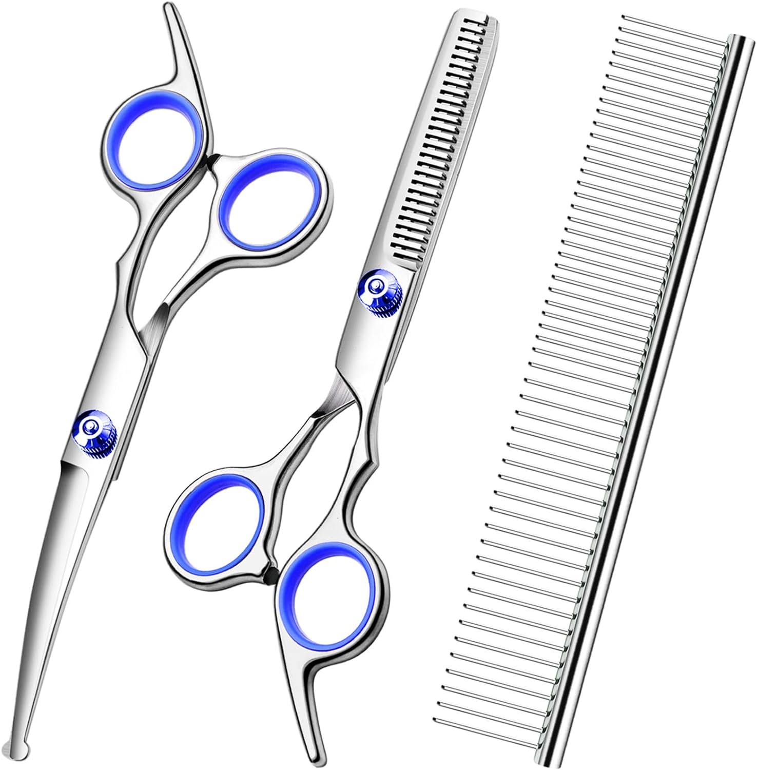 KFX-2471613 Professional Pet Grooming Scissors Set with Safety Round Tips - Stainless Steel Thinning and Curved Shears, Comb Included