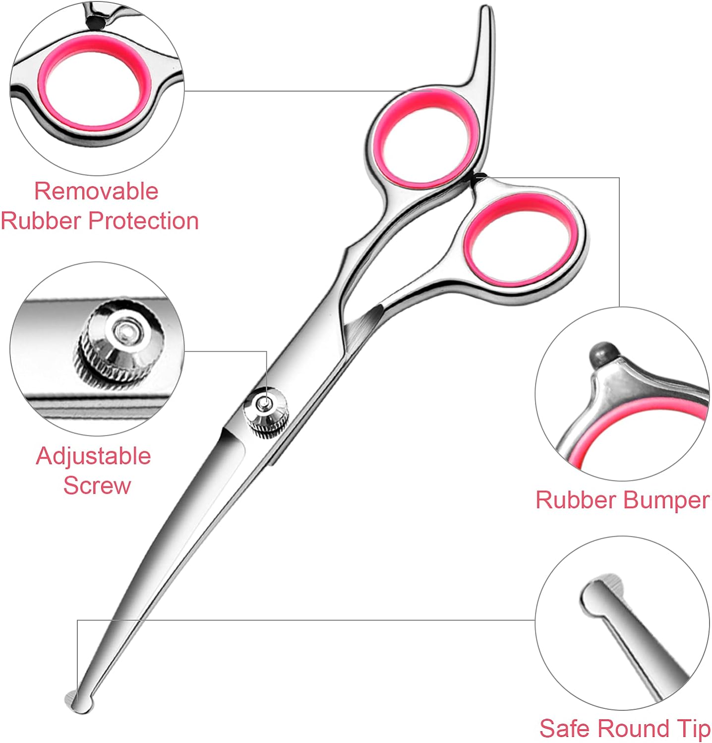 KFX-2471613 Professional Pet Grooming Scissors Set with Safety Round Tips - Stainless Steel Thinning and Curved Shears, Comb Included