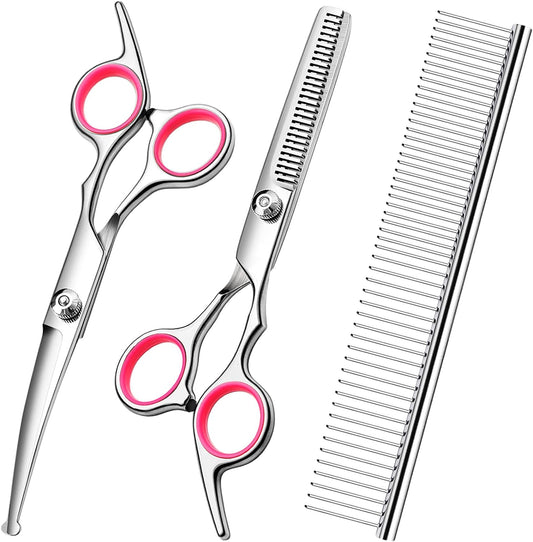 KFX-2471613 Professional Pet Grooming Scissors Set with Safety Round Tips - Stainless Steel Thinning and Curved Shears, Comb Included