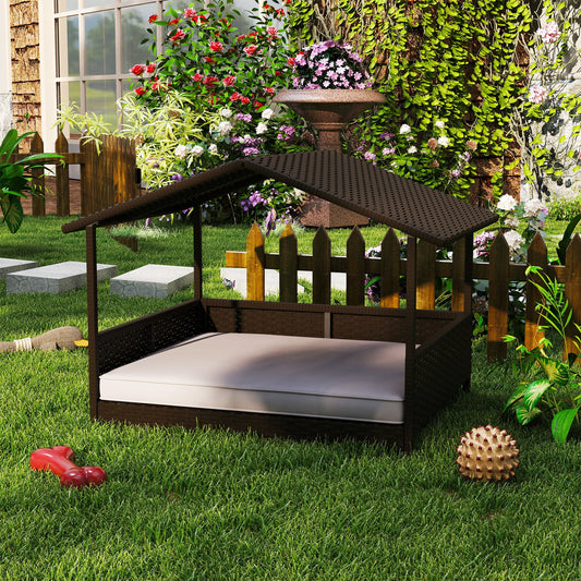 KFX-2472765 Outdoor Dog House with Canopy and Comfortable Cushion for Small to Medium Dogs