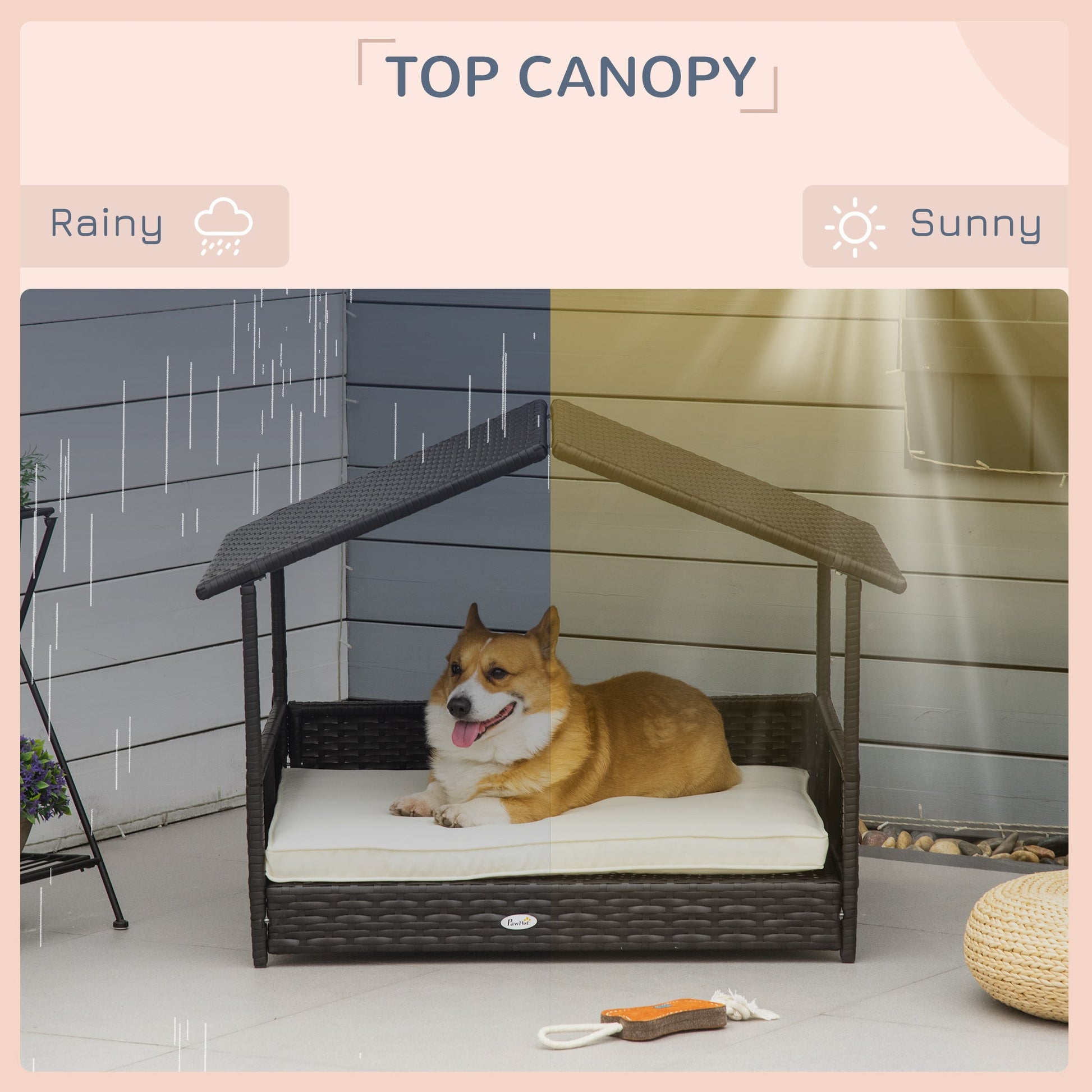 KFX-2472765 Outdoor Dog House with Canopy and Comfortable Cushion for Small to Medium Dogs