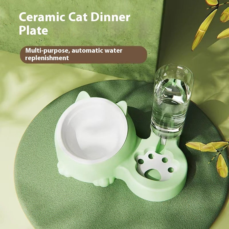 KFX-2474301 Double Bowl Automatic Ceramic Dog Water Bowl with Stainless Steel Cat Dish