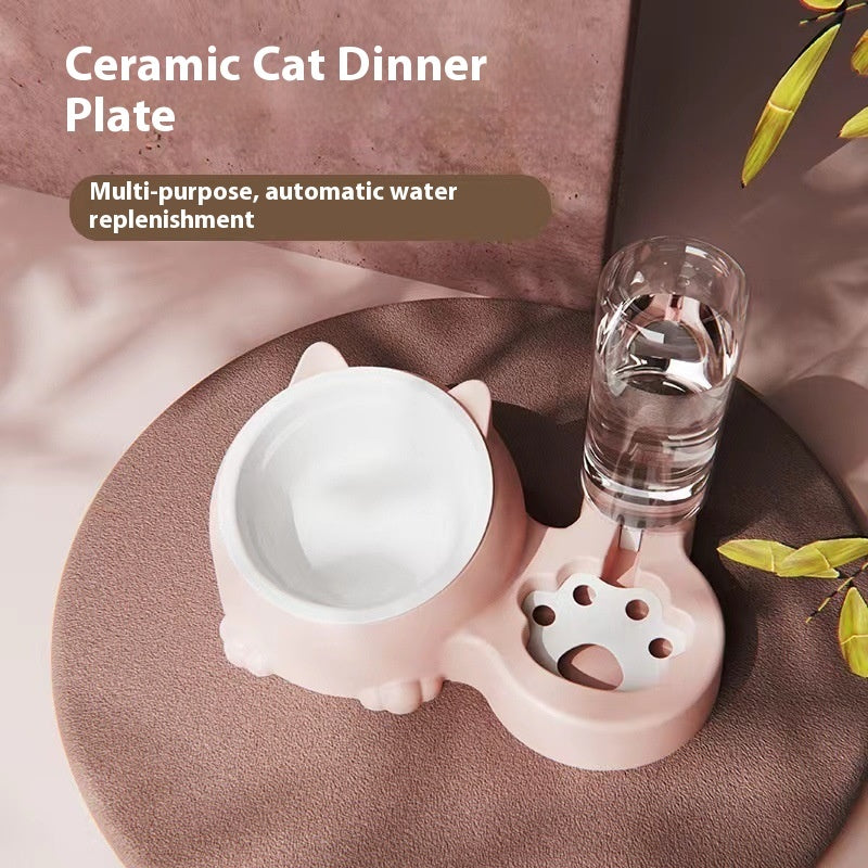 KFX-2474301 Double Bowl Automatic Ceramic Dog Water Bowl with Stainless Steel Cat Dish