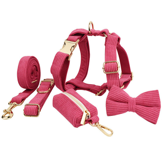 KFX-2475581 Velvet Fabric Dog Collar with Adjustable Sizes, Leash, Bow, Flower, Vest, and Poop Bag