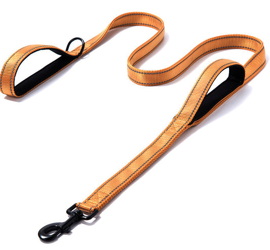 KFX-2479677 Reflective Double Handle Nylon Pet Leash with Metal Buckle and Trash Bag Holder