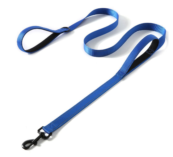 KFX-2479677 Reflective Double Handle Nylon Pet Leash with Metal Buckle and Trash Bag Holder