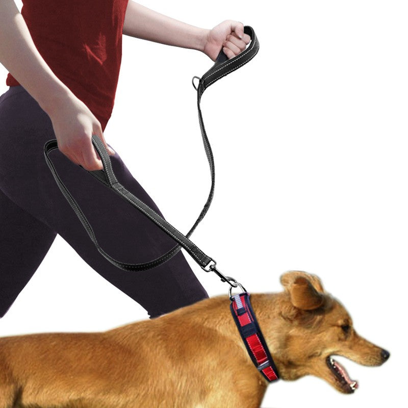 KFX-2479677 Reflective Double Handle Nylon Pet Leash with Metal Buckle and Trash Bag Holder