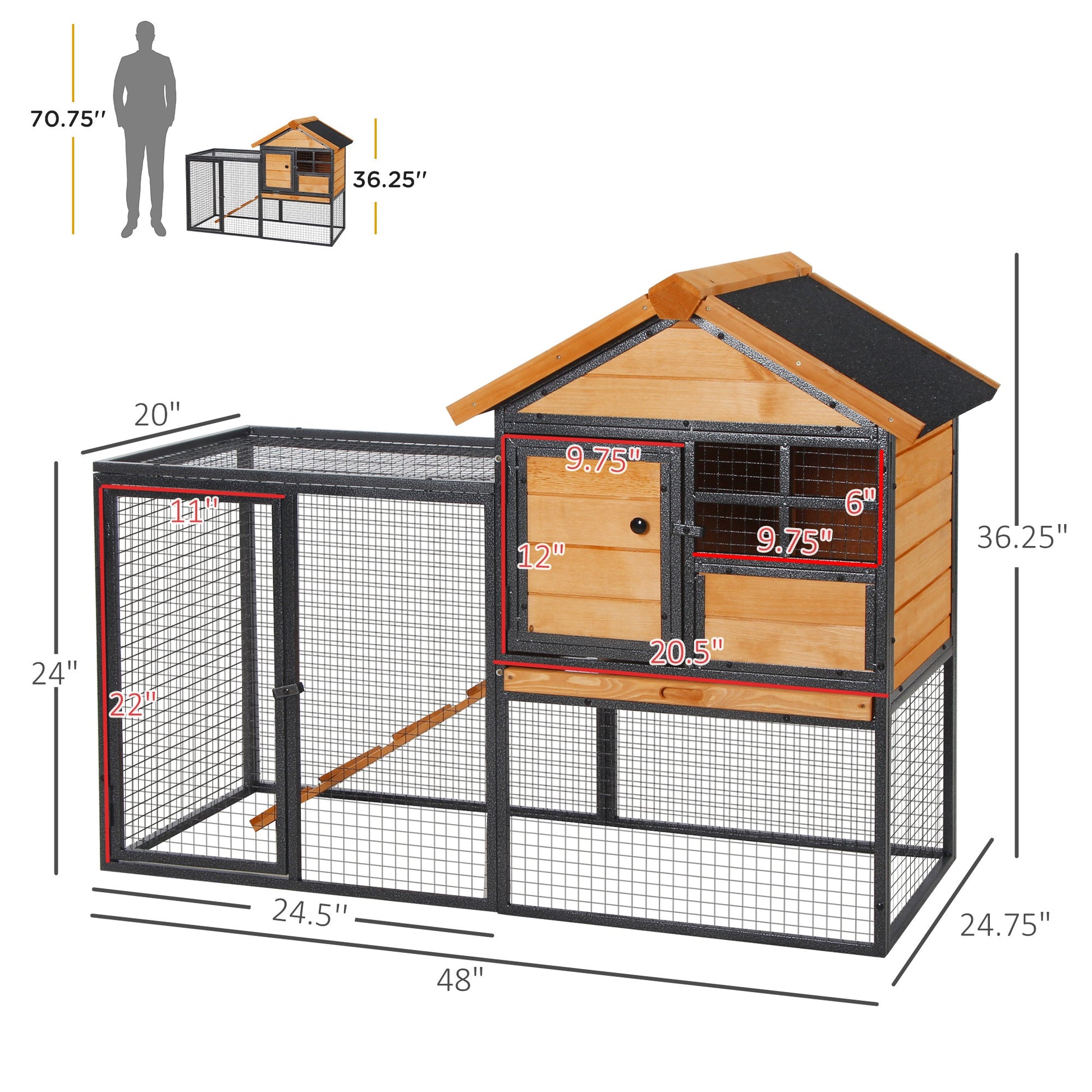 KFX-2483517 Elevated Outdoor Rabbit Cage with Slide-Out Tray, Natural Fir Wood & Black Design