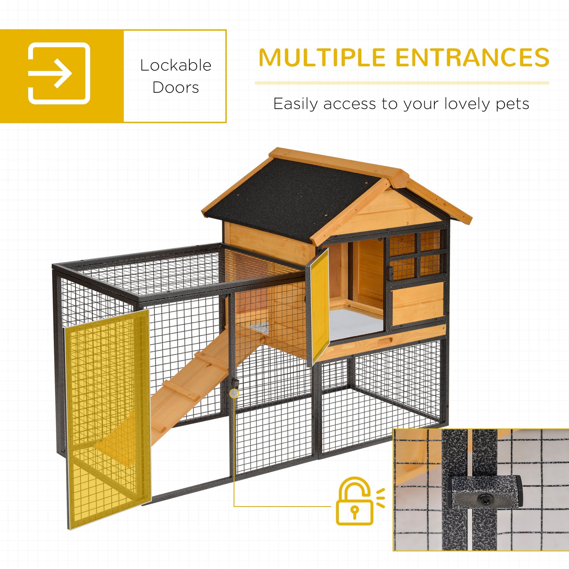 KFX-2483517 Elevated Outdoor Rabbit Cage with Slide-Out Tray, Natural Fir Wood & Black Design